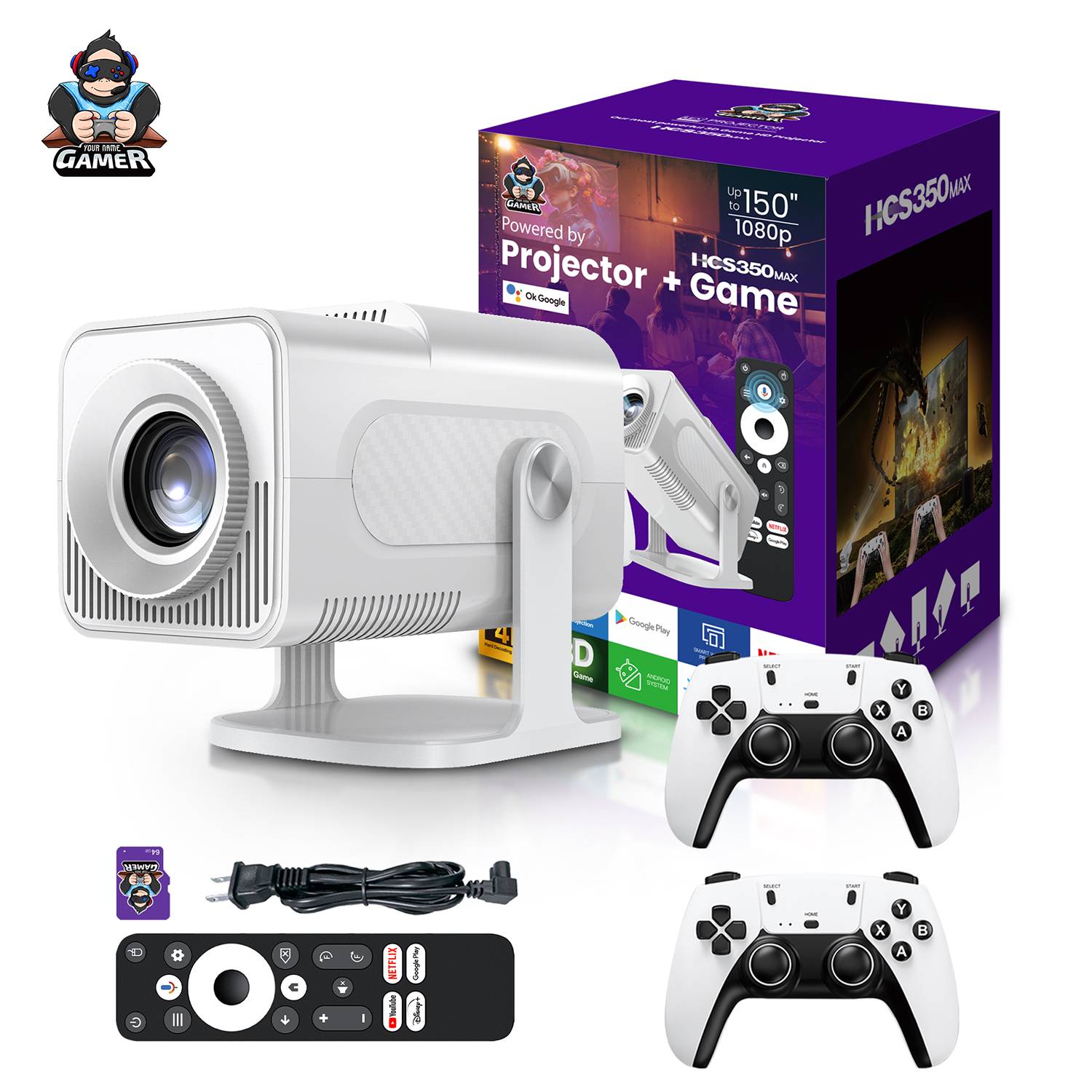 HCS350 MAX LATEST ALLWINNER H713 4K ANDROID 11 HIGH LUMEN 1GB+8GB WIRELESS SMART PROJECTOR WITH WIRELESS GAMEPAD - Image 1